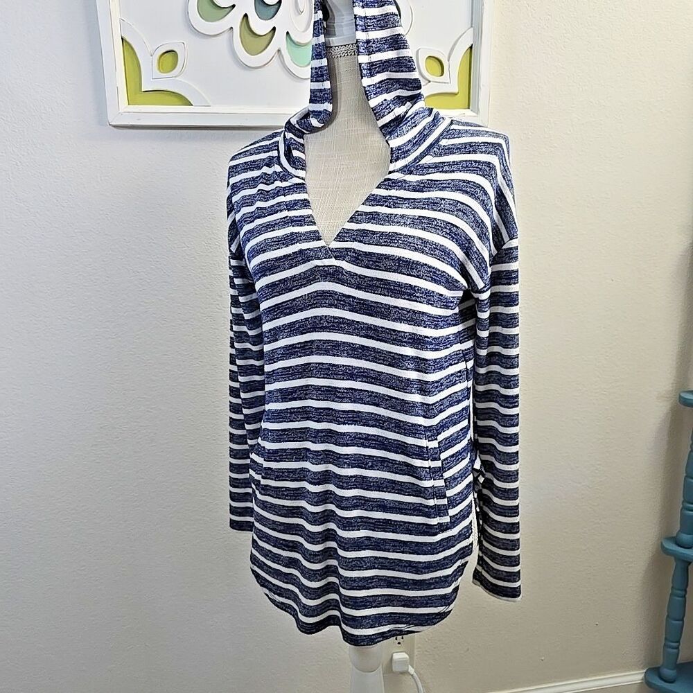 Banana Republic Luxespun Blue White Striped Pullover Hoodie Shirt with Pocket XS